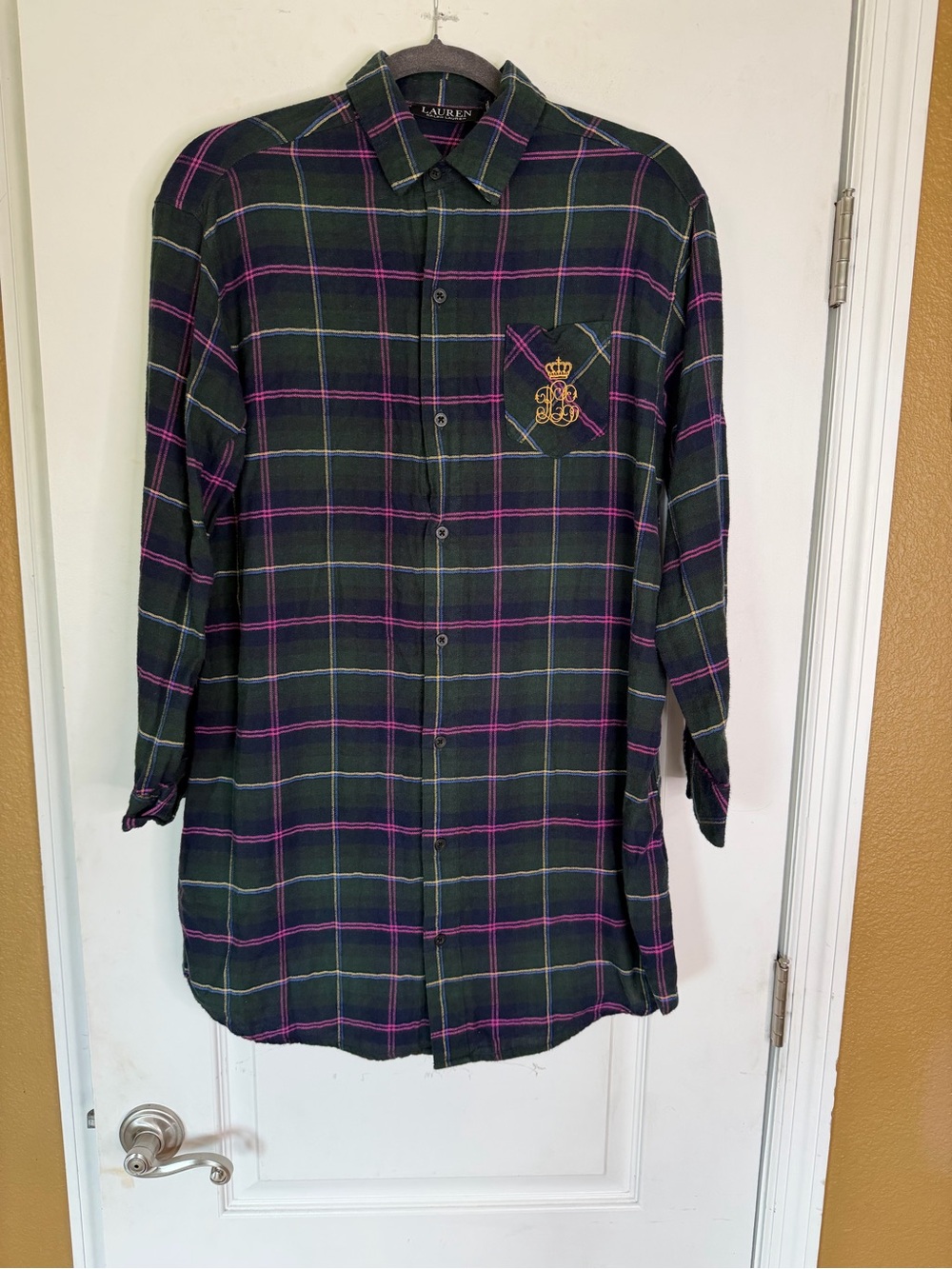 Lauren Ralph Lauren Dark Green Plaid Button-Down Sleep Shirt with Pink Accents